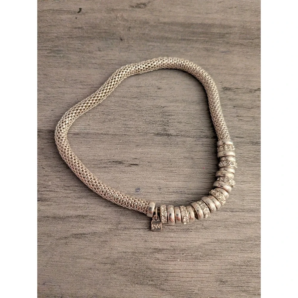 Nine West Silver Tone Mesh Stretch Bracelet Crystal Rondelle Charms NW Logo